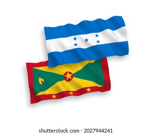 National vector fabric wave flags of Grenada and Honduras isolated on white background. 1 to 2 proportion.