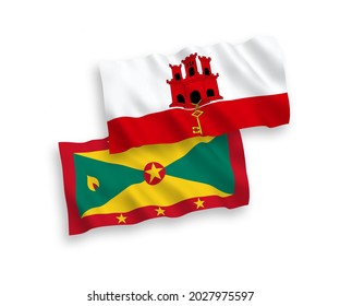 National vector fabric wave flags of Grenada and Gibraltar isolated on white background. 1 to 2 proportion.