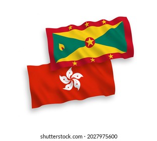 National vector fabric wave flags of Grenada and Hong Kong isolated on white background. 1 to 2 proportion.