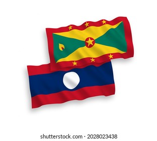National vector fabric wave flags of Grenada and Laos isolated on white background. 1 to 2 proportion.