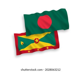 National vector fabric wave flags of Grenada and Bangladesh isolated on white background. 1 to 2 proportion.