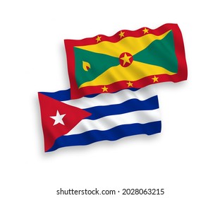 National vector fabric wave flags of Grenada and Cuba isolated on white background. 1 to 2 proportion.
