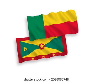 National vector fabric wave flags of Grenada and Benin isolated on white background. 1 to 2 proportion.