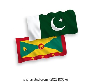 National vector fabric wave flags of Grenada and Pakistan isolated on white background. 1 to 2 proportion.