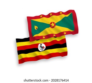 Banderas de olas de tela vectorial nacional de Granada y Uganda aisladas en fondo blanco. de 1 a 2.