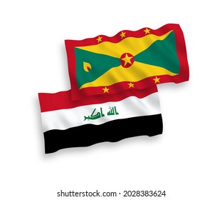 National vector fabric wave flags of Grenada and Iraq isolated on white background. 1 to 2 proportion.