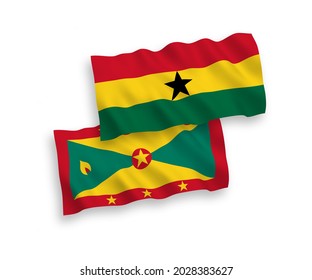 National vector fabric wave flags of Grenada and Ghana isolated on white background. 1 to 2 proportion.