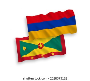 National vector fabric wave flags of Grenada and Armenia isolated on white background. 1 to 2 proportion.