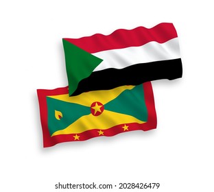 National vector fabric wave flags of Grenada and Sudan isolated on white background. 1 to 2 proportion.