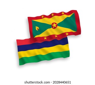 National vector fabric wave flags of Grenada and Republic of Mauritius isolated on white background. 1 to 2 proportion.