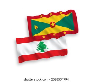 National vector fabric wave flags of Grenada and Lebanon isolated on white background. 1 to 2 proportion.