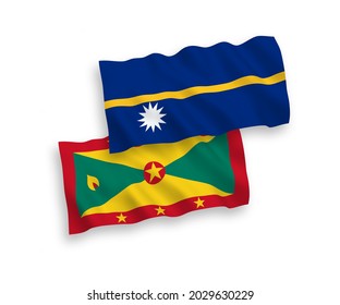 National vector fabric wave flags of Grenada and Republic of Nauru isolated on white background. 1 to 2 proportion.