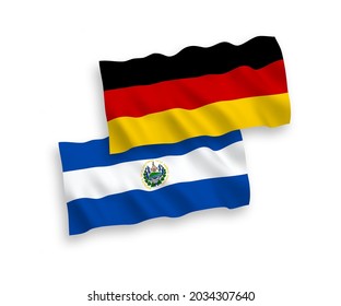 National vector fabric wave flags of Germany and Republic of El Salvador isolated on white background. 1 to 2 proportion.