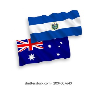 National vector fabric wave flags of Australia and Republic of El Salvador isolated on white background. 1 to 2 proportion.