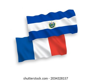 National vector fabric wave flags of France and Republic of El Salvador isolated on white background. 1 to 2 proportion.