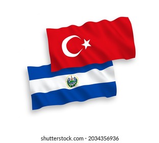National vector fabric wave flags of Turkey and Republic of El Salvador isolated on white background. 1 to 2 proportion.