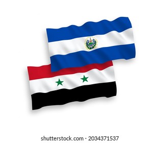 National vector fabric wave flags of Republic of El Salvador and Syria isolated on white background. 1 to 2 proportion.