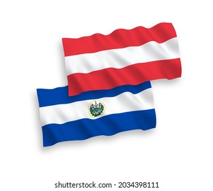 National vector fabric wave flags of Austria and Republic of El Salvador isolated on white background. 1 to 2 proportion.