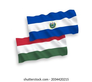 Banderas de olas de tela vectorial nacional de la República de El Salvador y Hungría aisladas en fondo blanco. de 1 a 2.