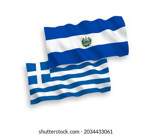 National vector fabric wave flags of Greece and Republic of El Salvador isolated on white background. 1 to 2 proportion.