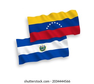 Banderas de olas de tela vectorial nacional de Venezuela y República de El Salvador aisladas en fondo blanco. de 1 a 2.
