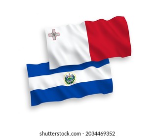 National vector fabric wave flags of Malta and Republic of El Salvador isolated on white background. 1 to 2 proportion.