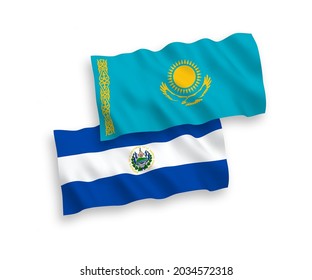 National vector fabric wave flags of Kazakhstan and Republic of El Salvador isolated on white background. 1 to 2 proportion.