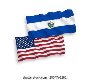 National vector fabric wave flags of Republic of El Salvador and USA isolated on white background. 1 to 2 proportion.