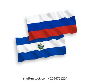 National vector fabric wave flags of Republic of El Salvador and Russia isolated on white background. 1 to 2 proportion.