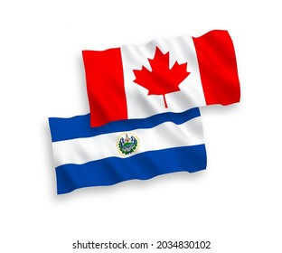 National vector fabric wave flags of Canada and Republic of El Salvador isolated on white background. 1 to 2 proportion.