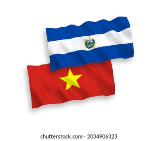 National vector fabric wave flags of Republic of El Salvador and Vietnam isolated on white background. 1 to 2 proportion.