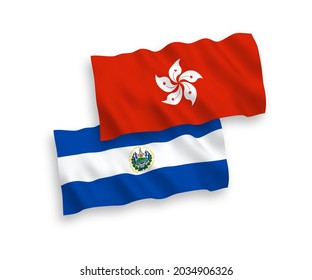 National vector fabric wave flags of Republic of El Salvador and Hong Kong isolated on white background. 1 to 2 proportion.