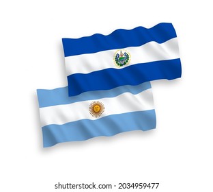 National vector fabric wave flags of Republic of El Salvador and Argentina isolated on white background. 1 to 2 proportion.