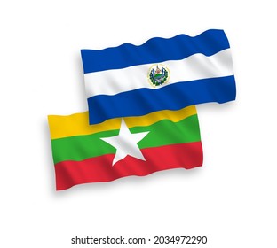 Nationale Vektor-Wellen-Flaggen der Republik El Salvador und Myanmars einzeln auf weißem Hintergrund. 1 bis 2 %.