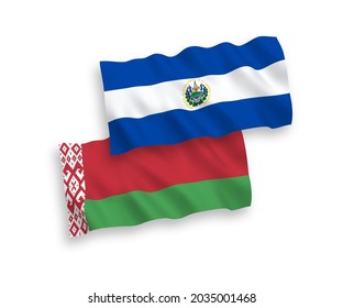National vector fabric wave flags of Republic of El Salvador and Belarus isolated on white background. 1 to 2 proportion.