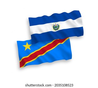 Banderas de ondulación de tela vectorial nacional de la República de El Salvador y la República Democrática del Congo aisladas de fondo blanco. de 1 a 2.