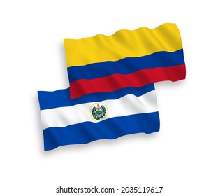 National vector fabric wave flags of Republic of El Salvador and Colombia isolated on white background. 1 to 2 proportion.