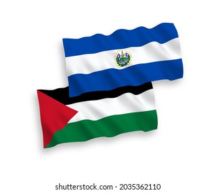 Banderas nacionales de tejido vectorial ondeando banderas de la República de El Salvador y Palestina aisladas de fondo blanco. de 1 a 2.