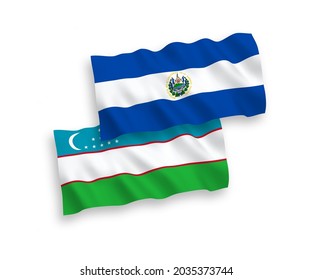 National vector fabric wave flags of Republic of El Salvador and Uzbekistan isolated on white background. 1 to 2 proportion.