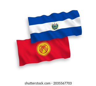 National vector fabric wave flags of Republic of El Salvador and Kyrgyzstan isolated on white background. 1 to 2 proportion.