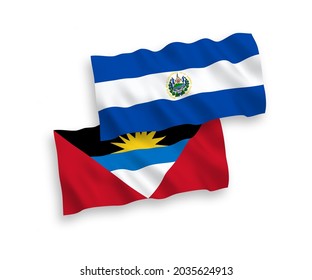 National vector fabric wave flags of Republic of El Salvador and Antigua and Barbuda isolated on white background. 1 to 2 proportion.