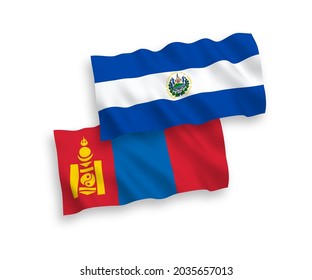 Banderas de olas de tela vectorial nacional de la República de El Salvador y Mongolia aisladas en fondo blanco. de 1 a 2.