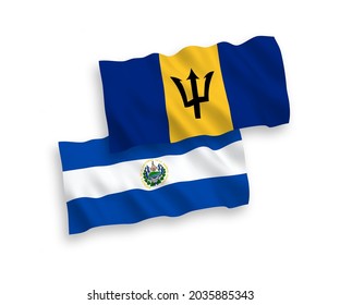 National vector fabric wave flags of Republic of El Salvador and Barbados isolated on white background. 1 to 2 proportion.