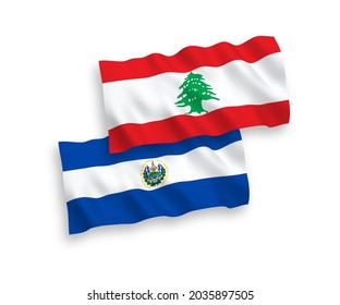National vector fabric wave flags of Republic of El Salvador and Lebanon isolated on white background. 1 to 2 proportion.