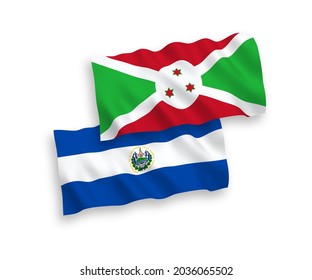 National vector fabric wave flags of Republic of El Salvador and Burundi isolated on white background. 1 to 2 proportion.
