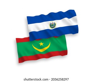 National vector fabric wave flags of Republic of El Salvador and Islamic Republic of Mauritania isolated on white background. 1 to 2 proportion.