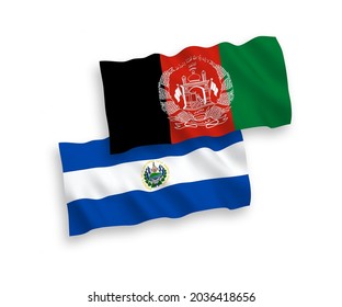 National vector fabric wave flags of Republic of El Salvador and Islamic Republic of Afghanistan isolated on white background. 1 to 2 proportion.