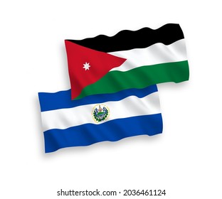 National vector fabric wave flags of Republic of El Salvador and Hashemite Kingdom of Jordan isolated on white background. 1 to 2 proportion.