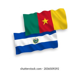 National vector fabric wave flags of Republic of El Salvador and Cameroon isolated on white background. 1 to 2 proportion.