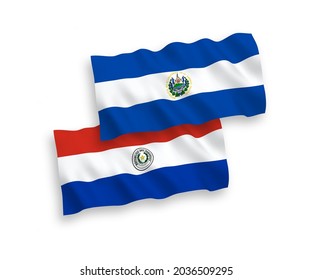 National vector fabric wave flags of Republic of El Salvador and Paraguay isolated on white background. 1 to 2 proportion.